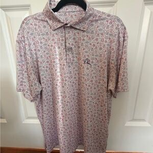 Rhoback Men's Polo Shirt - Red and White American Icons Pattern sz M